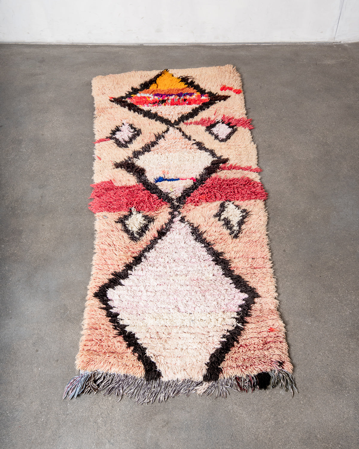 Modern, designer, handcrafted Berber runner rug from Morocco. Vintage carpet with beautiful colours and patterns and fluffy texture.